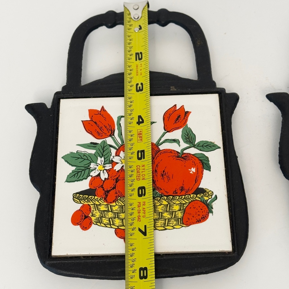 Vintage Apple Teapot Cast Iron Trivet, Hot Plate, Ceramic Tile, Fruit Basket - Picture 6 of 7